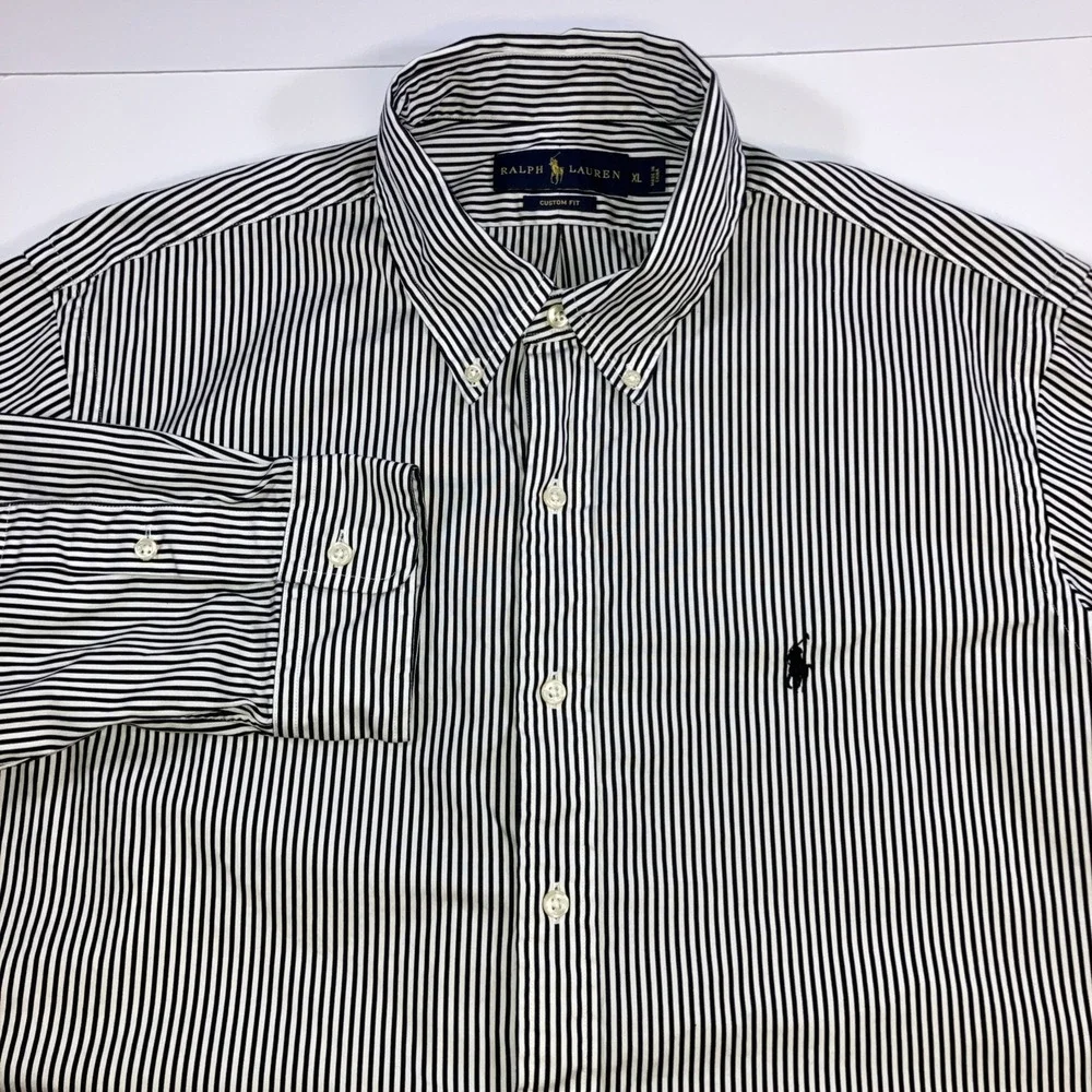 Polo Ralph Lauren Shirt Mens XL Black White Stripe Custom Fit Button Down